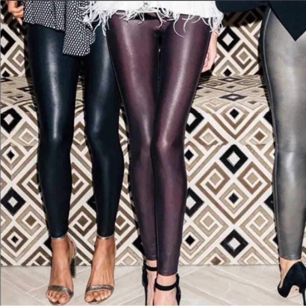 Spanx Faux Leather Shimmer Leggings In Burgundy Wine, Small